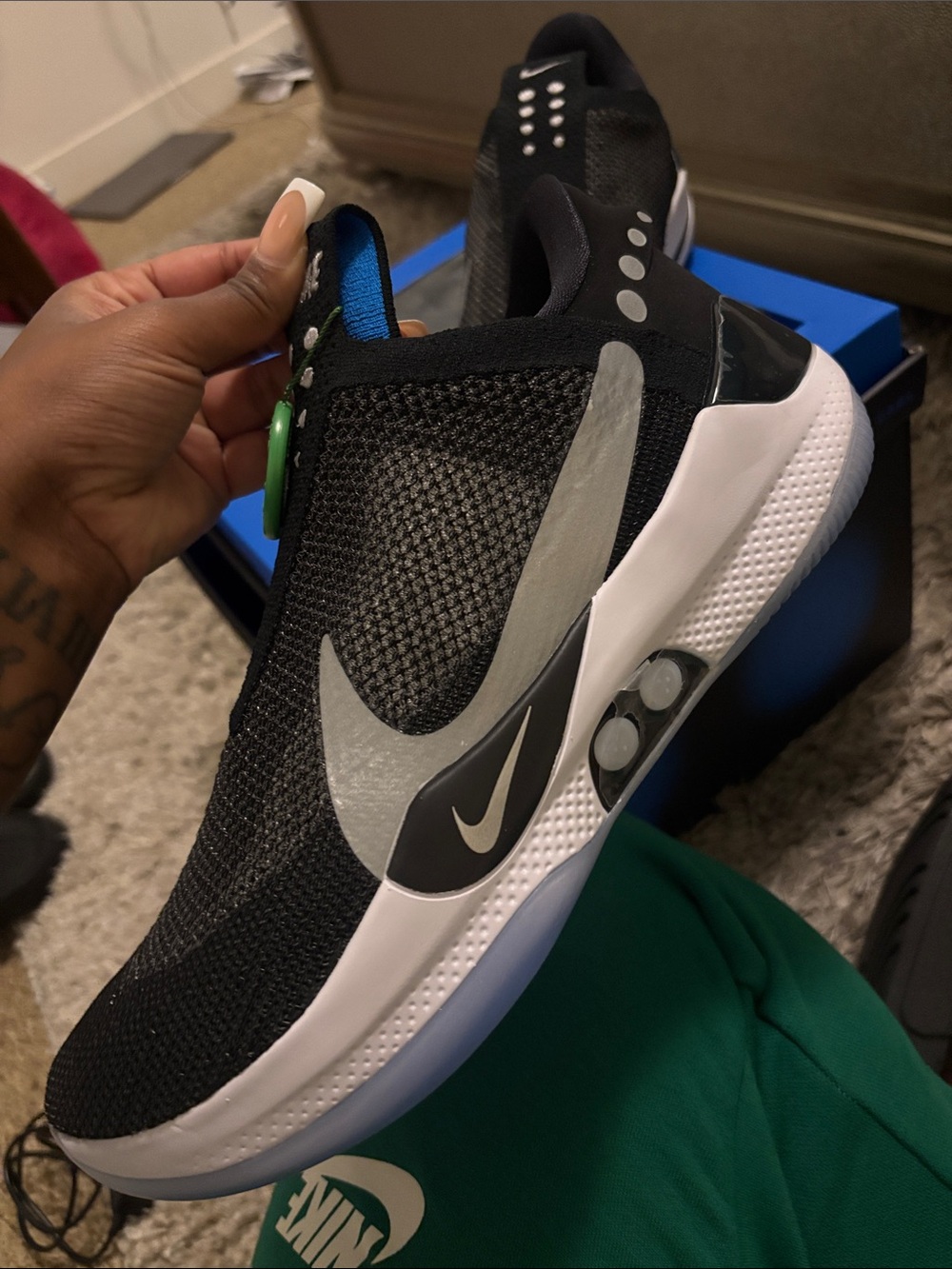 Nike Black and White Slip-On Mesh Sneakers with Gray Swoosh